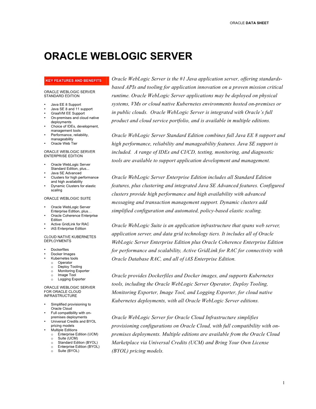 Oracle Weblogic Server Datasheet