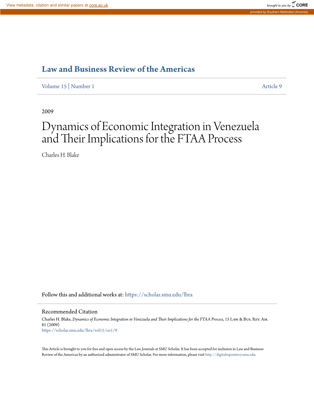 Dynamics of Economic Integration in Venezuela and Their Implications for the FTAA Process, 15 Law & Bus