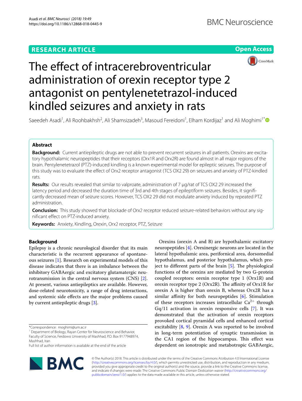 The Effect of Intracerebroventricular Administration of Orexin Receptor