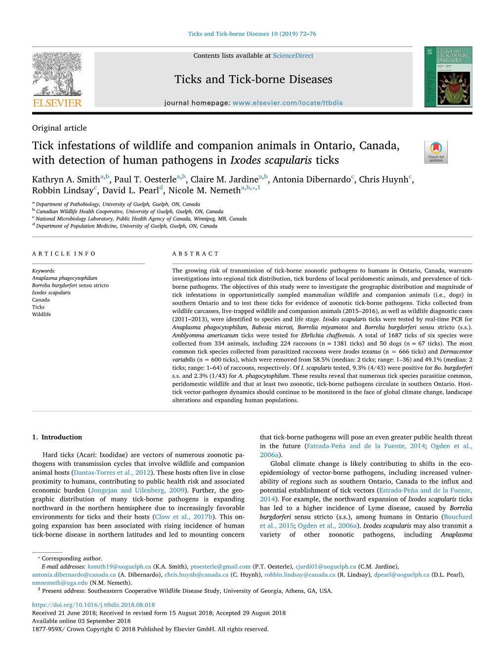 Tick Infestations of Wildlife and Companion Animals in Ontario, Canada, with Detection of Human Pathogens in Ixodes Scapularis Ticks T