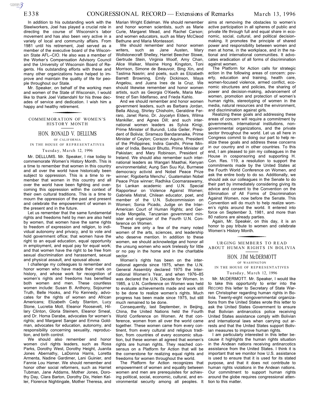 CONGRESSIONAL RECORD— Extensions of Remarks E338 HON. RONALD V. DELLUMS HON. JIM Mcdermott