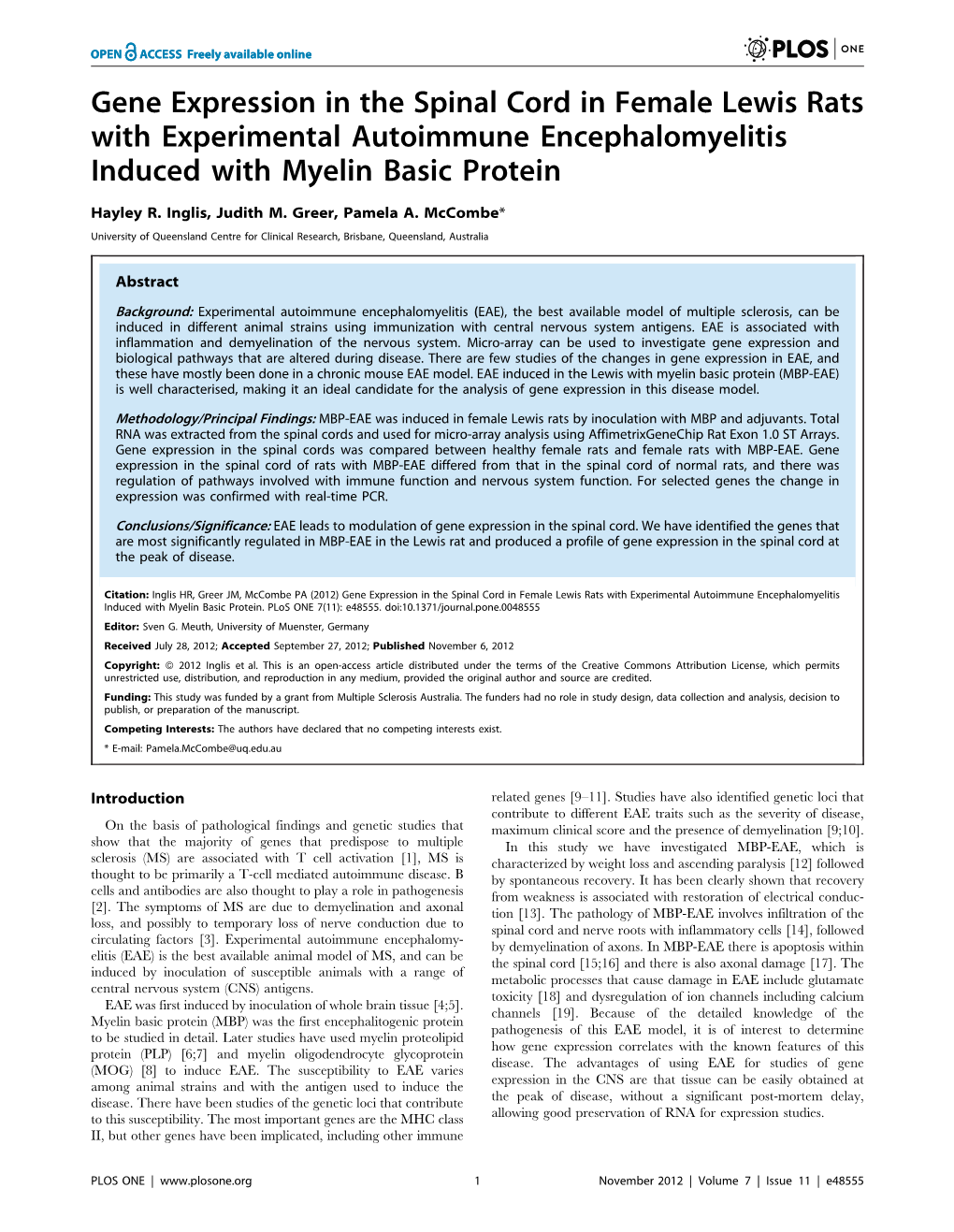 Gene Expression in the Spinal Cord in Female Lewis Rats with Experimental Autoimmune Encephalomyelitis Induced with Myelin Basic Protein