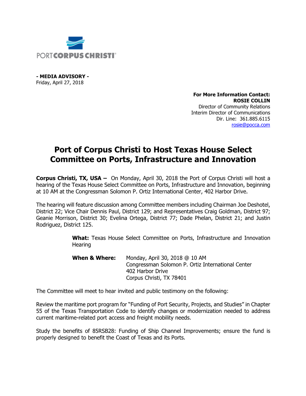 Port of Corpus Christi to Host Texas House Select Committee on Ports, Infrastructure and Innovation