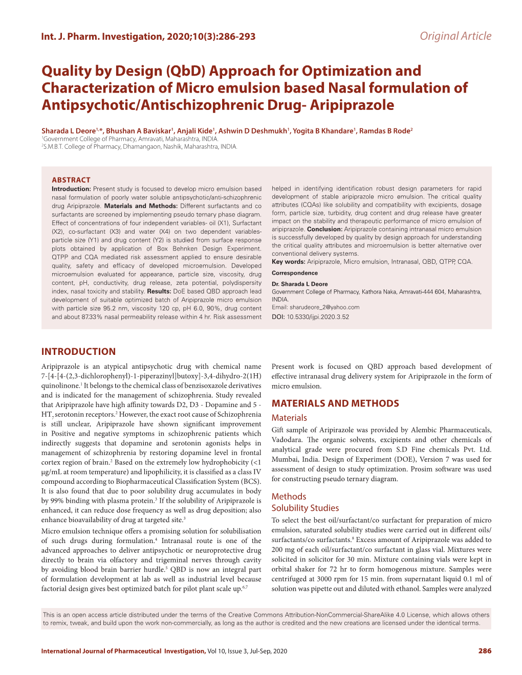 Qbd) Approach for Optimization and Characterization of Micro Emulsion Based Nasal Formulation of Antipsychotic/Antischizophrenic Drug- Aripiprazole
