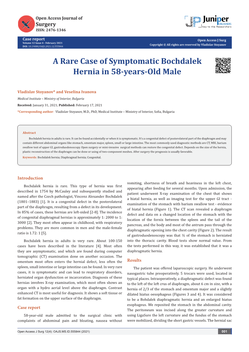 A Rare Case of Symptomatic Bochdalek Hernia in 58-Years-Old Male