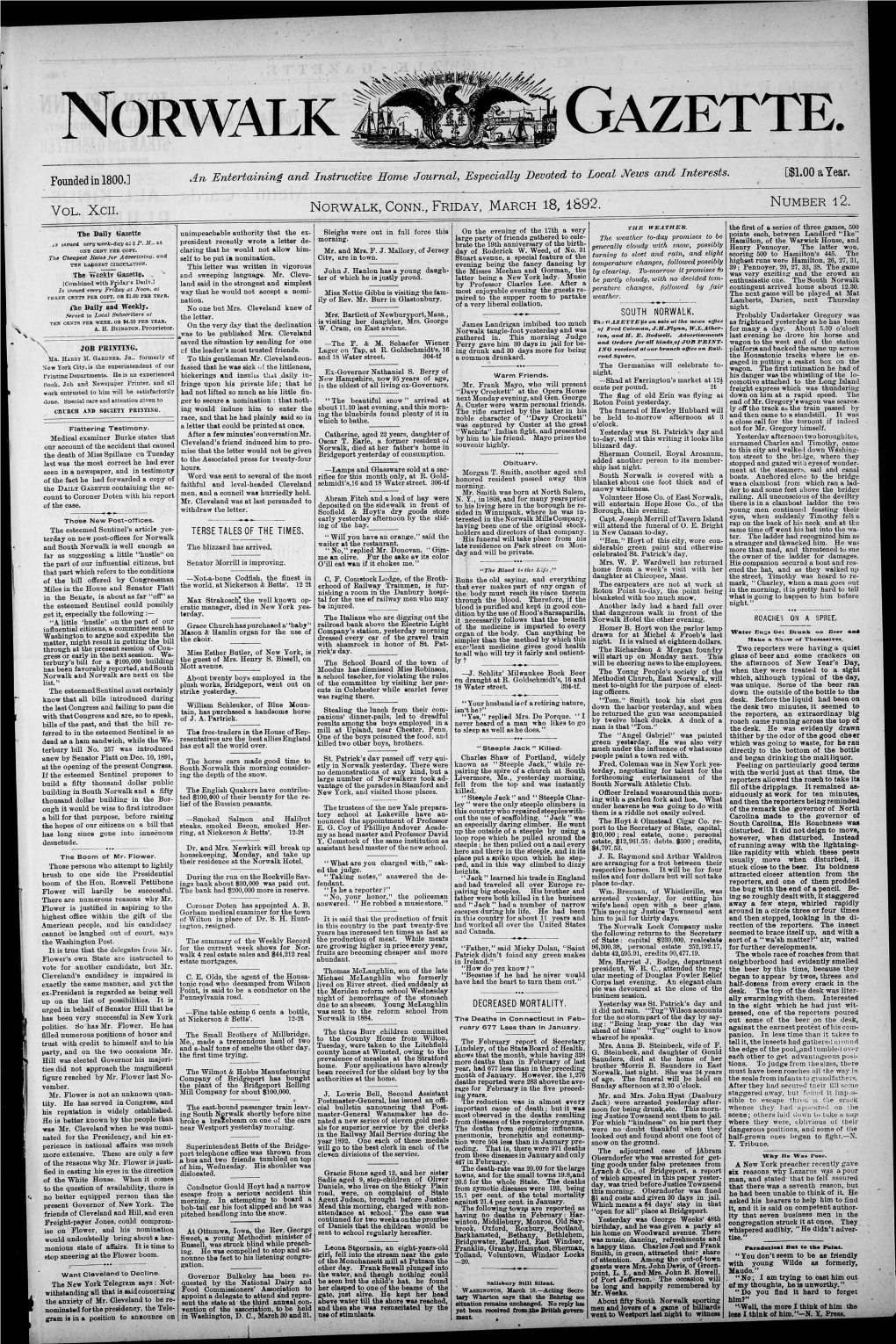 Vol. Xcii. Norwalk, Conn., Friday, March 18, 1892