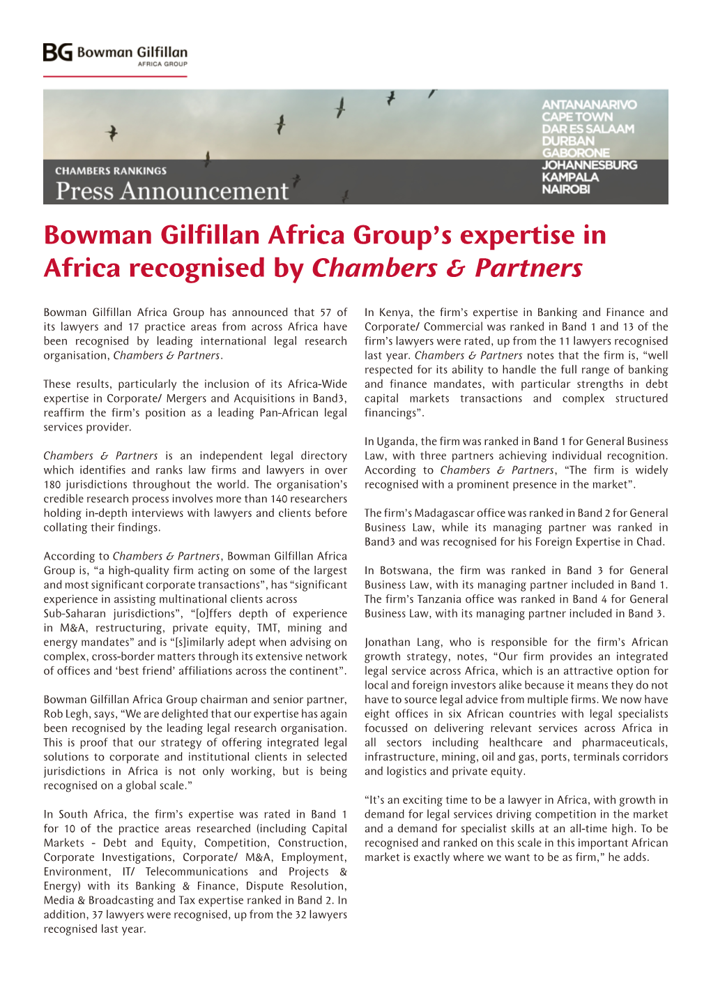 Bowman Gilfillan Africa Group's Expertise in Africa Recognised By