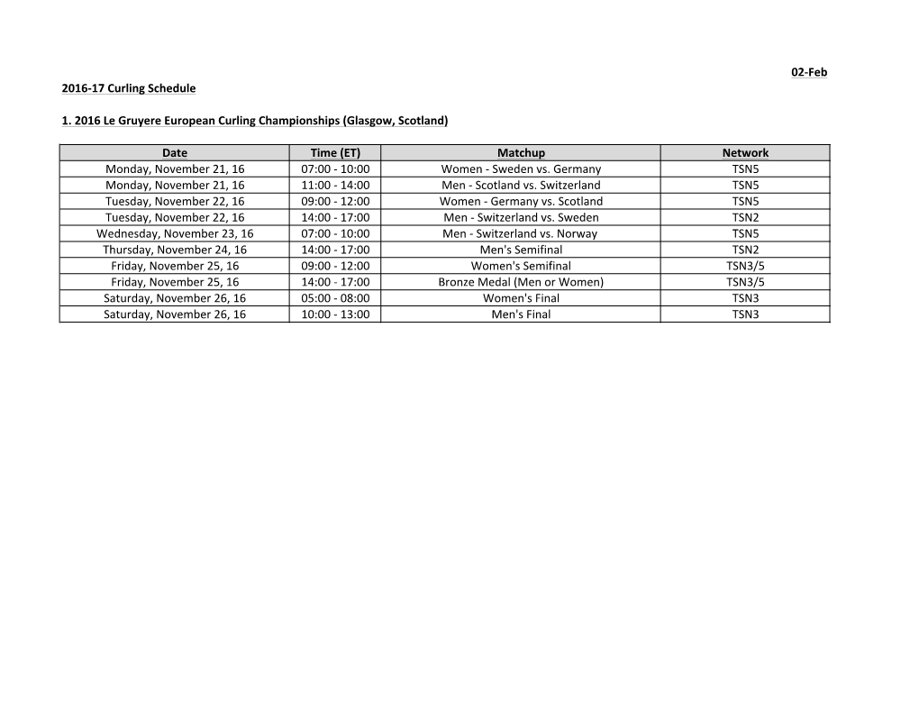 02-Feb 2016-17 Curling Schedule 1. 2016 Le Gruyere