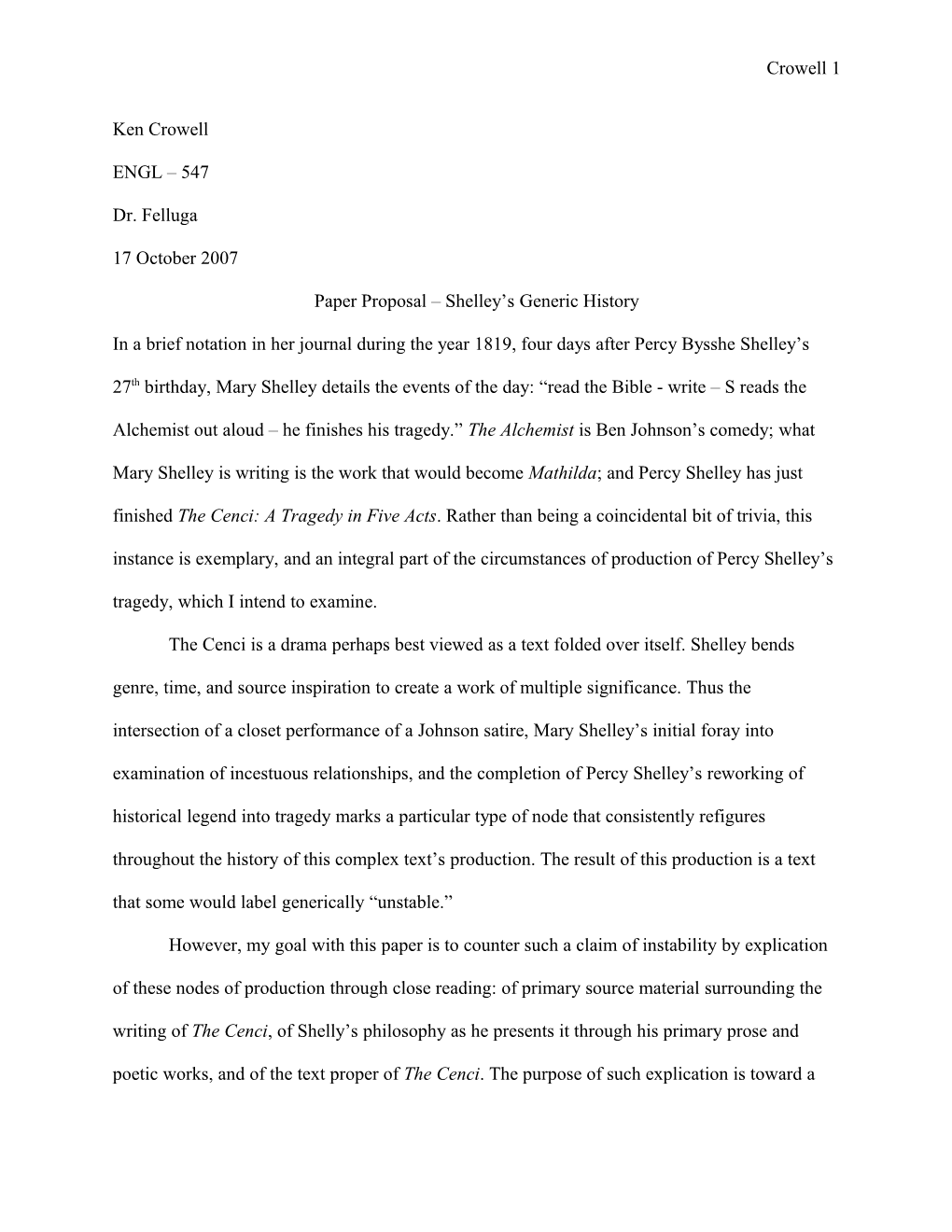 Paper Proposal Shelley S Generic History