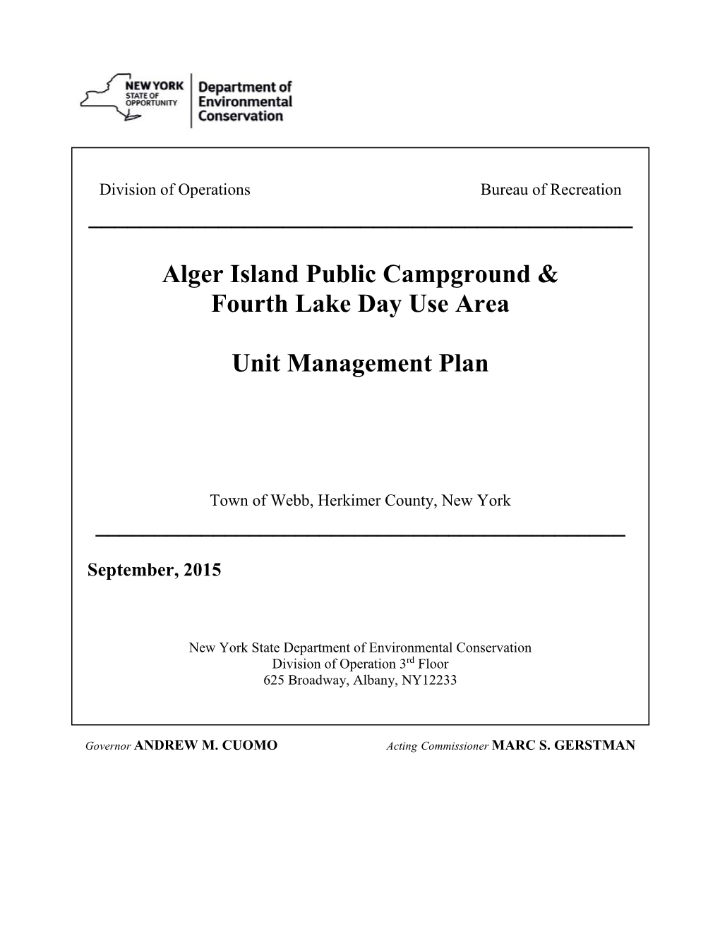 Alger Island Public Campground & Fourth Lake Day Use Area Unit Management Plan