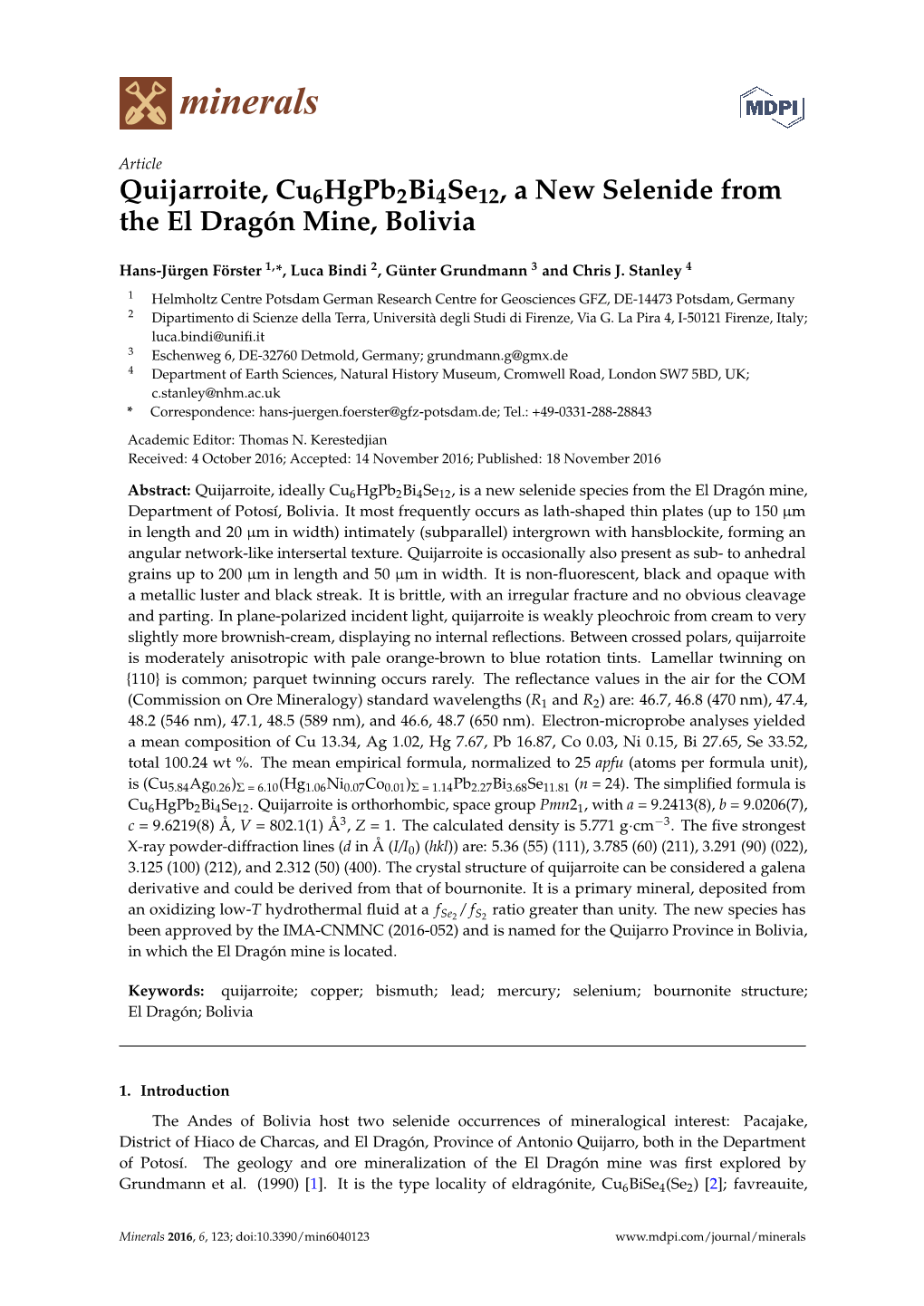 Quijarroite, Cu6hgpb2bi4se12, a New Selenide from the El Dragón Mine, Bolivia