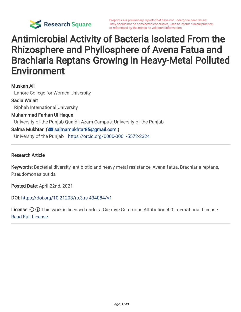 Antimicrobial Activity of Bacteria Isolated from the Rhizosphere and Phyllosphere of Avena Fatua and Brachiaria Reptans Growing in Heavy-Metal Polluted Environment