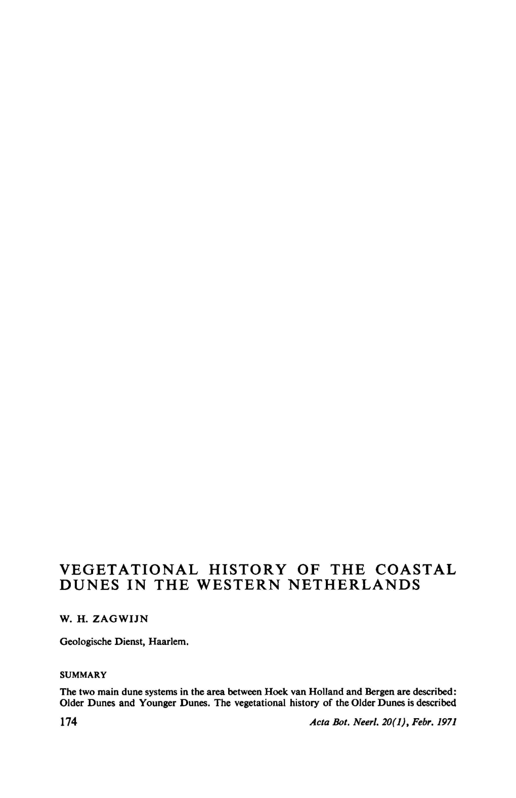 Vegetational History of the Coastal Dunes Western Netherlands