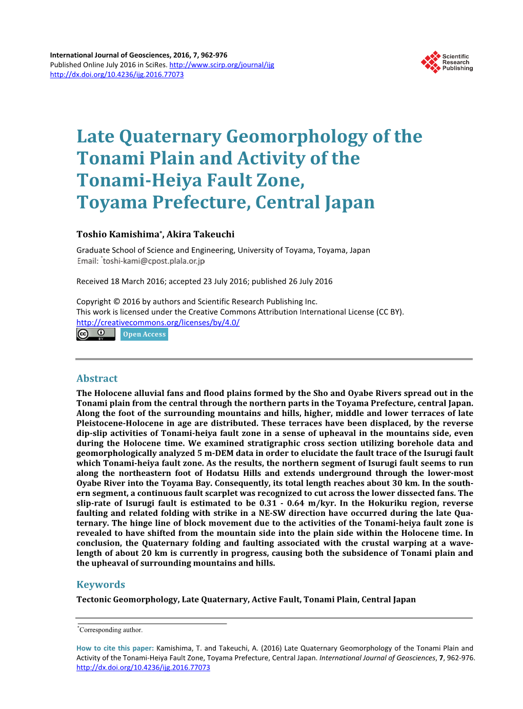 Late Quaternary Geomorphology of the Tonami Plain and Activity of the Tonami-Heiya Fault Zone, Toyama Prefecture, Central Japan