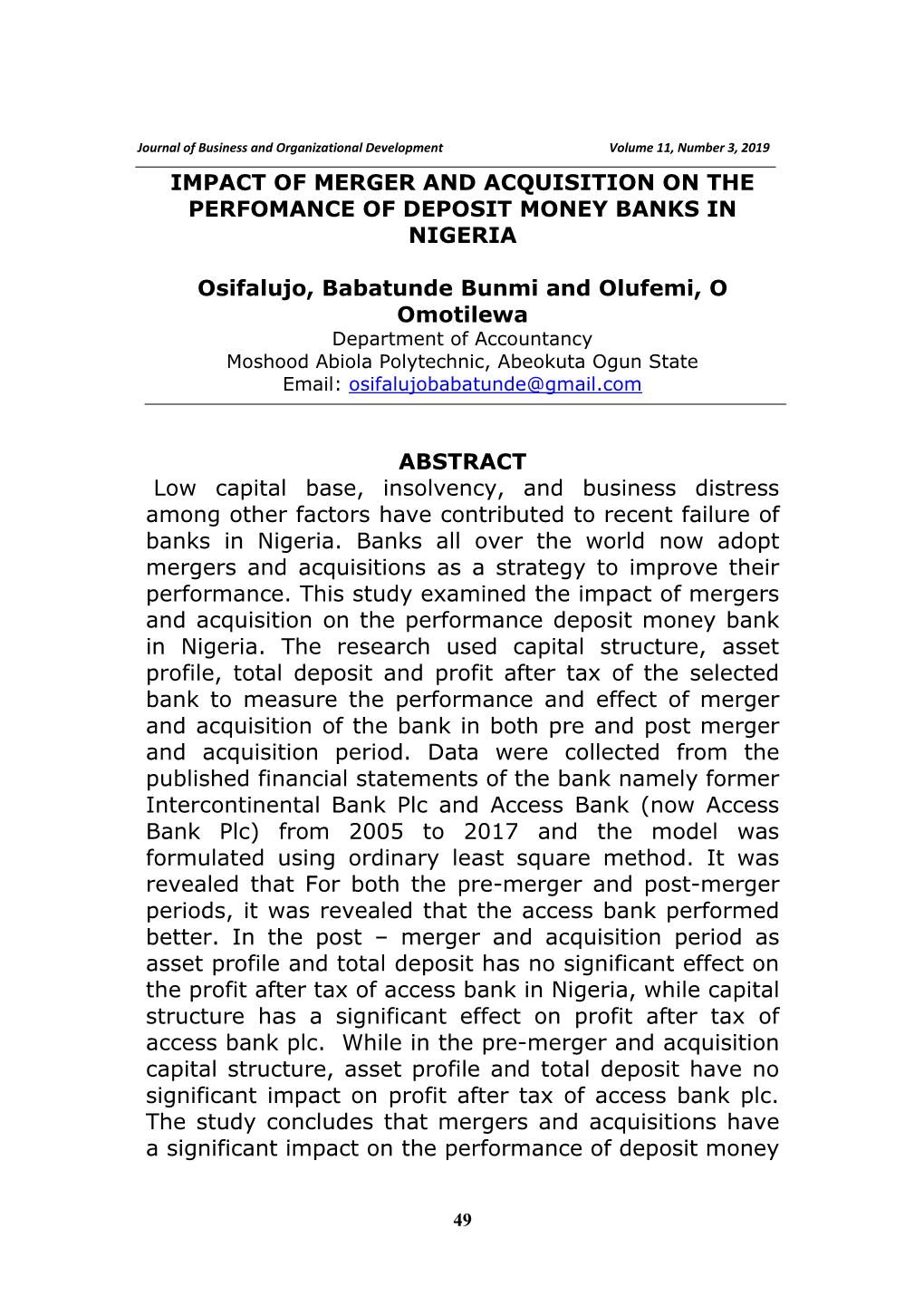 Impact of Merger and Acquisition on the Perfomance of Deposit Money Banks in Nigeria