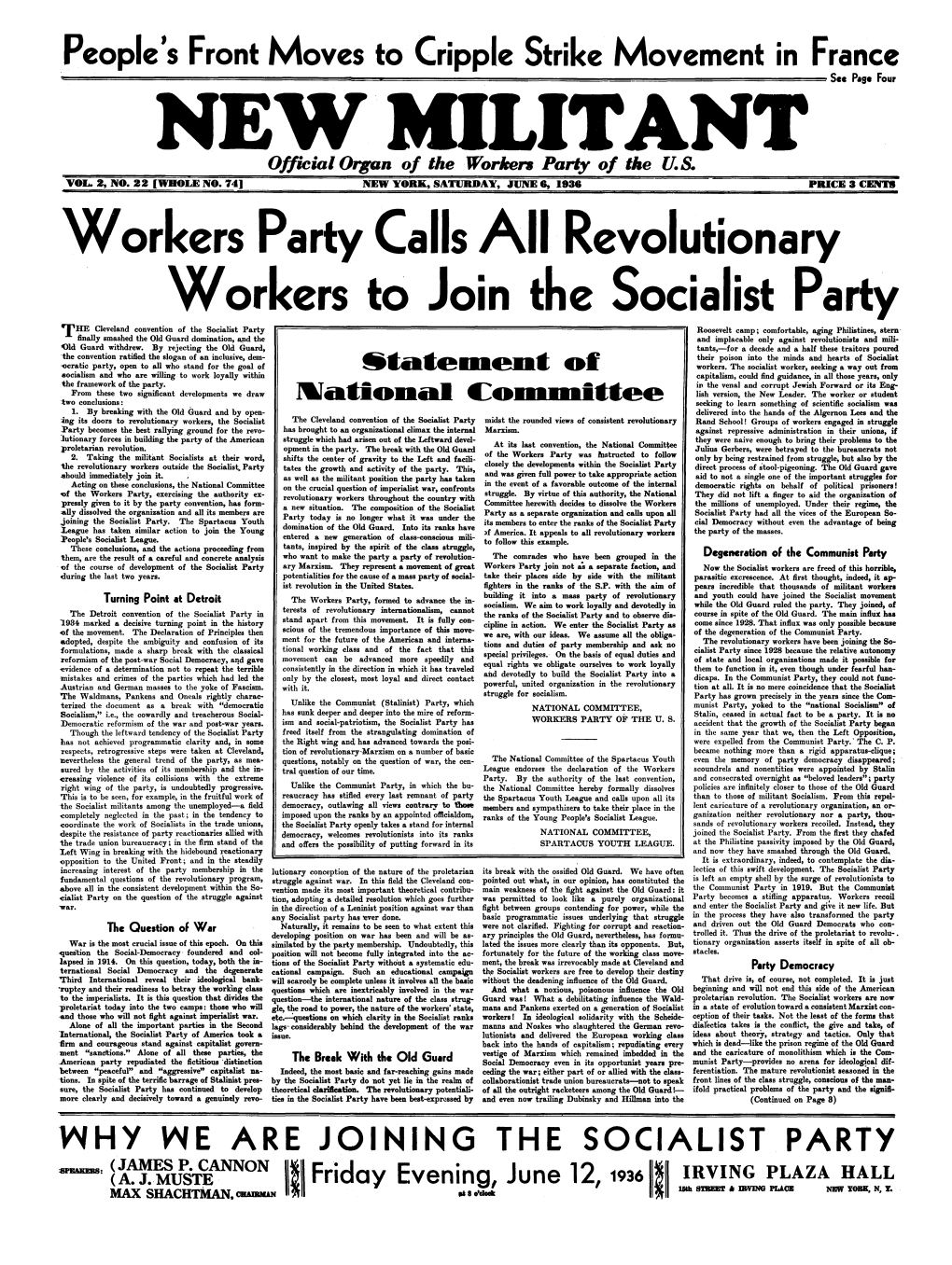 Workers Party Calls a Ll Revolutionary Workers to Join the Socialist Party