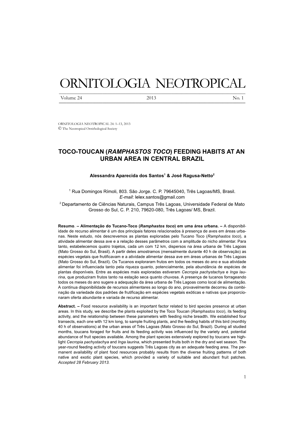 Toco-Toucan (Ramphastos Toco) Feeding Habits at an Urban Area in Central Brazil