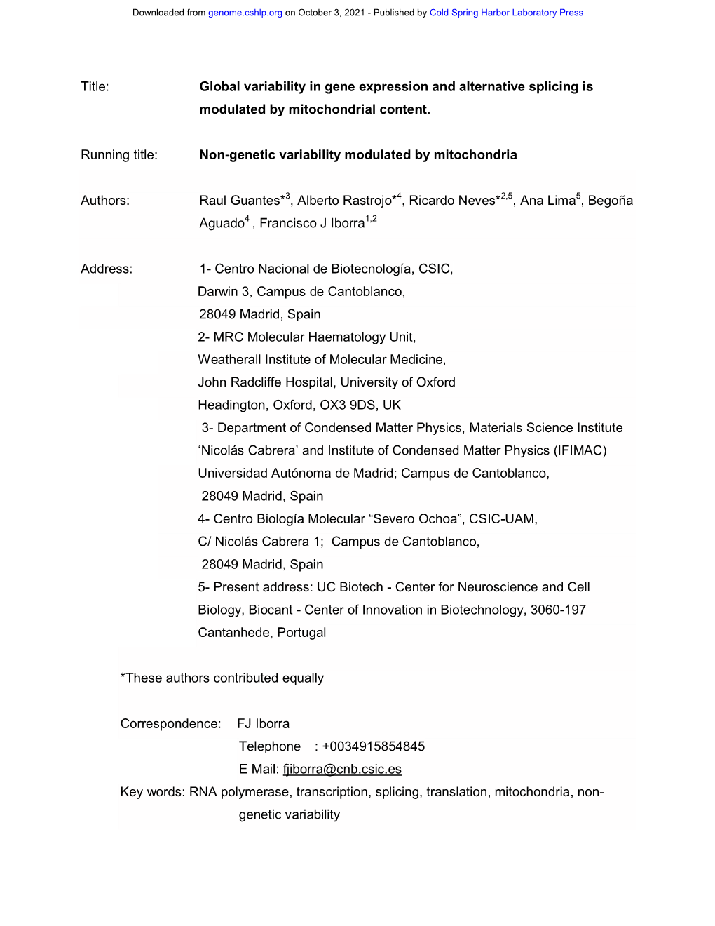 Title: Global Variability in Gene Expression and Alternative Splicing Is Modulated by Mitochondrial Content