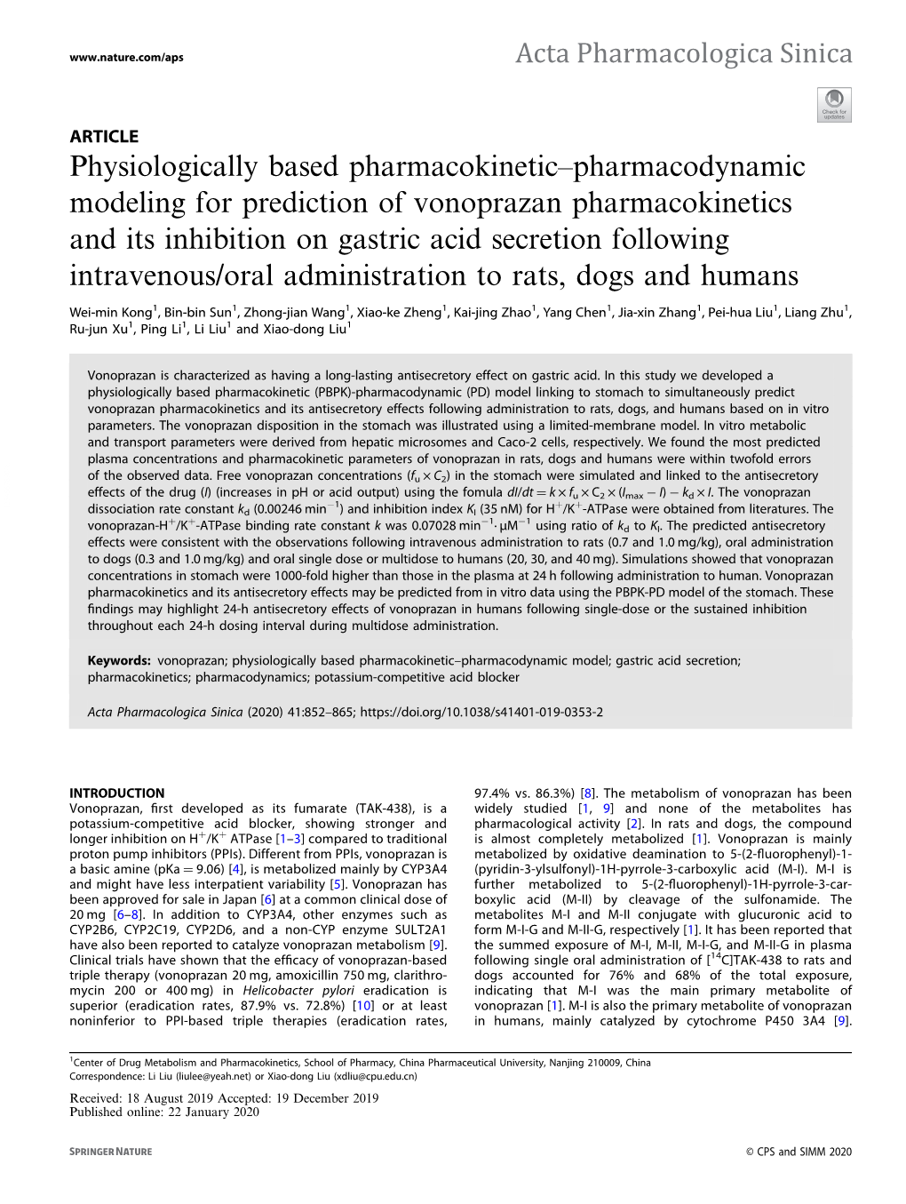 Pharmacodynamic Modeling for Prediction of Vonoprazan