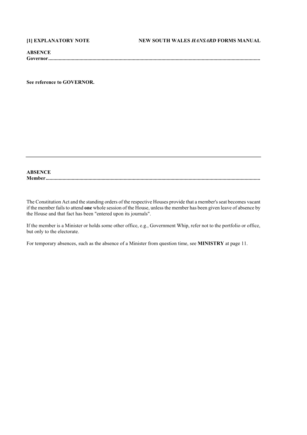 Explanatory Note New South Wales Hansard Forms Manual