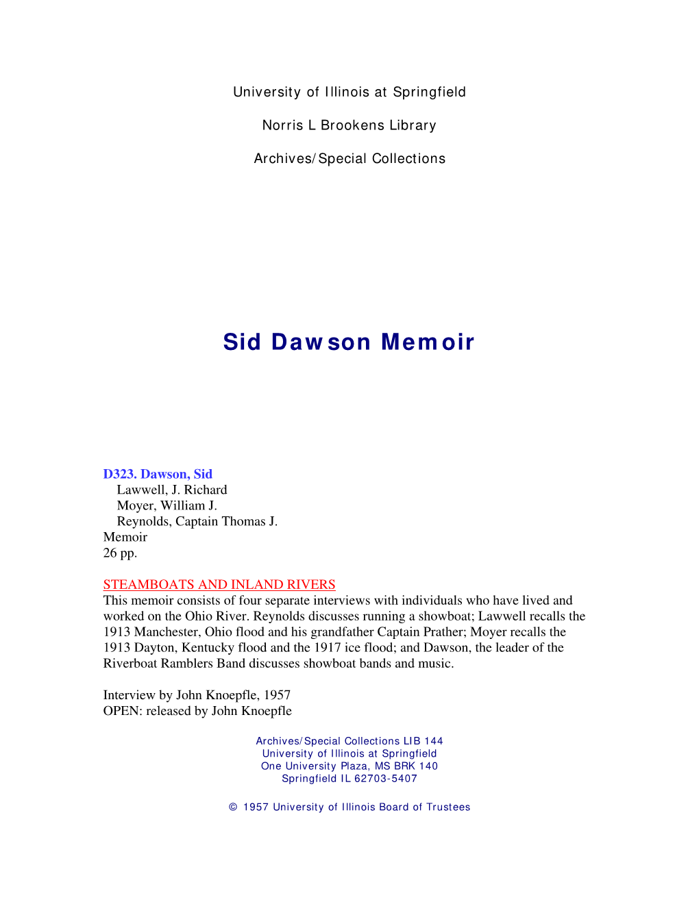 Sid Dawson Memoir