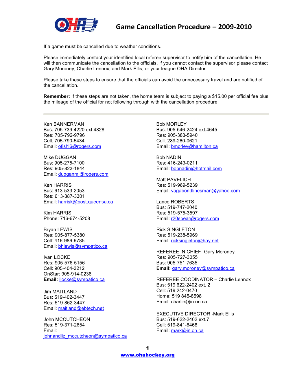 Game Cancellation Procedure – 2009-2010