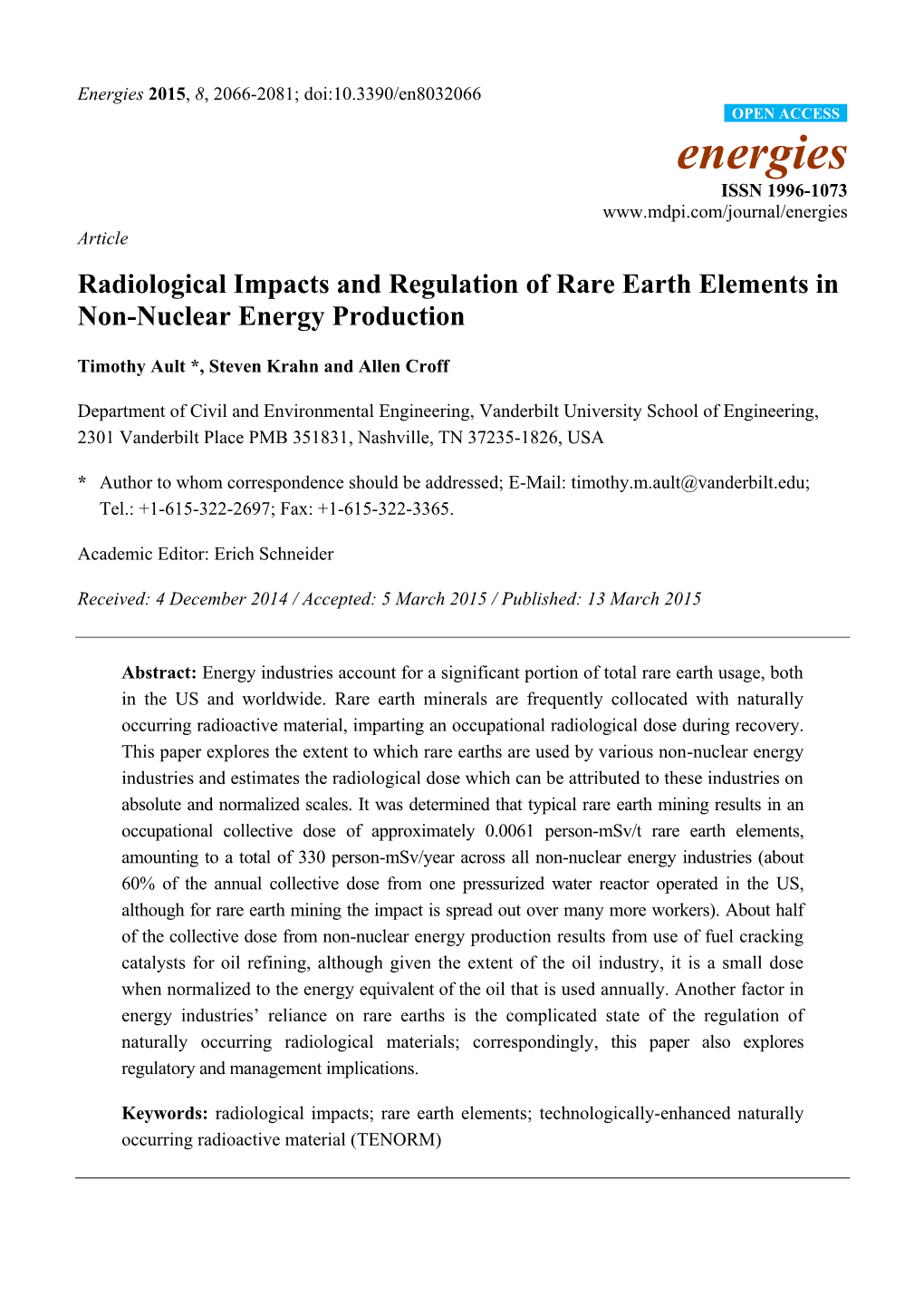 Radiological Impacts and Regulation of Rare Earth Elements in Non-Nuclear Energy Production