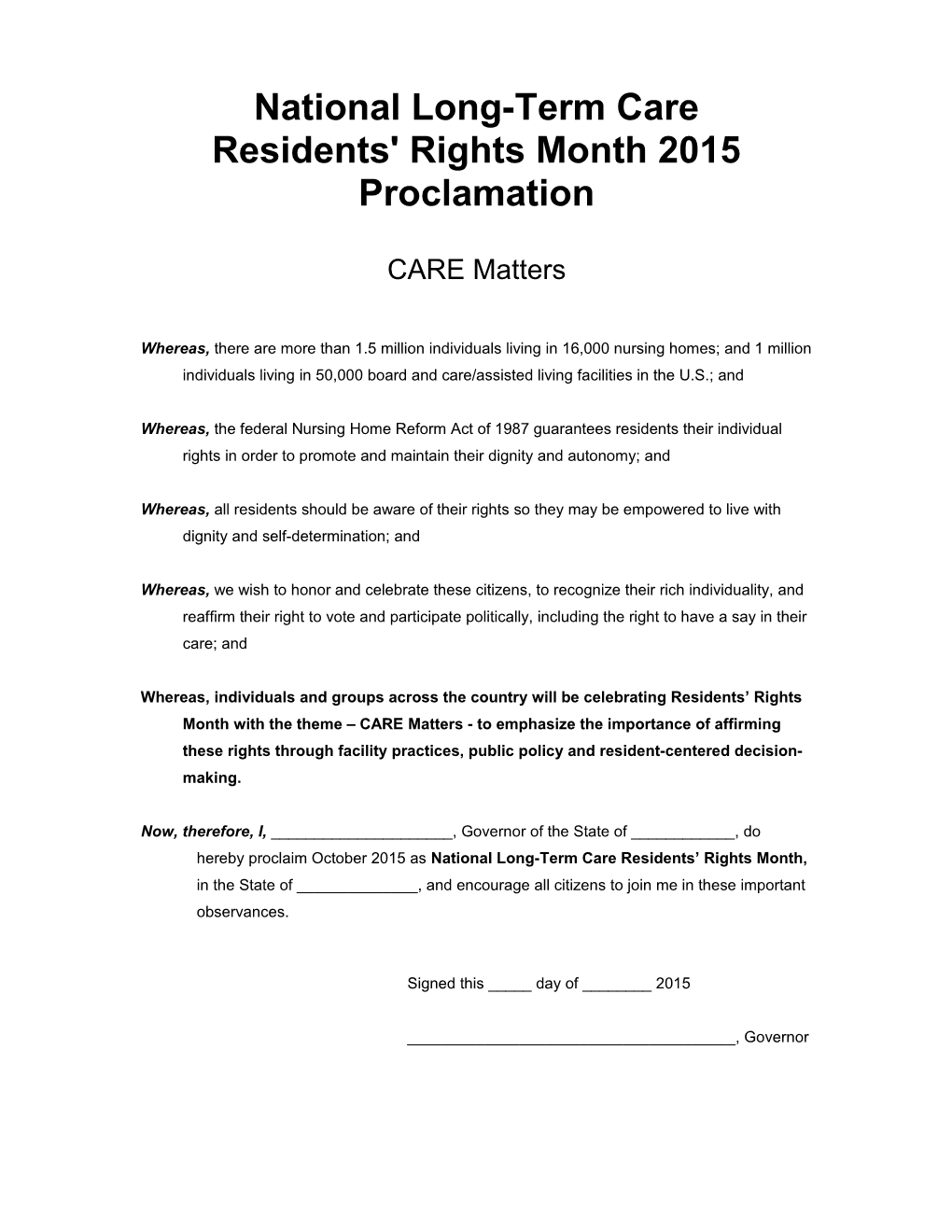 National Long-Term Care Residents' Rights Week 2009 Proclamation