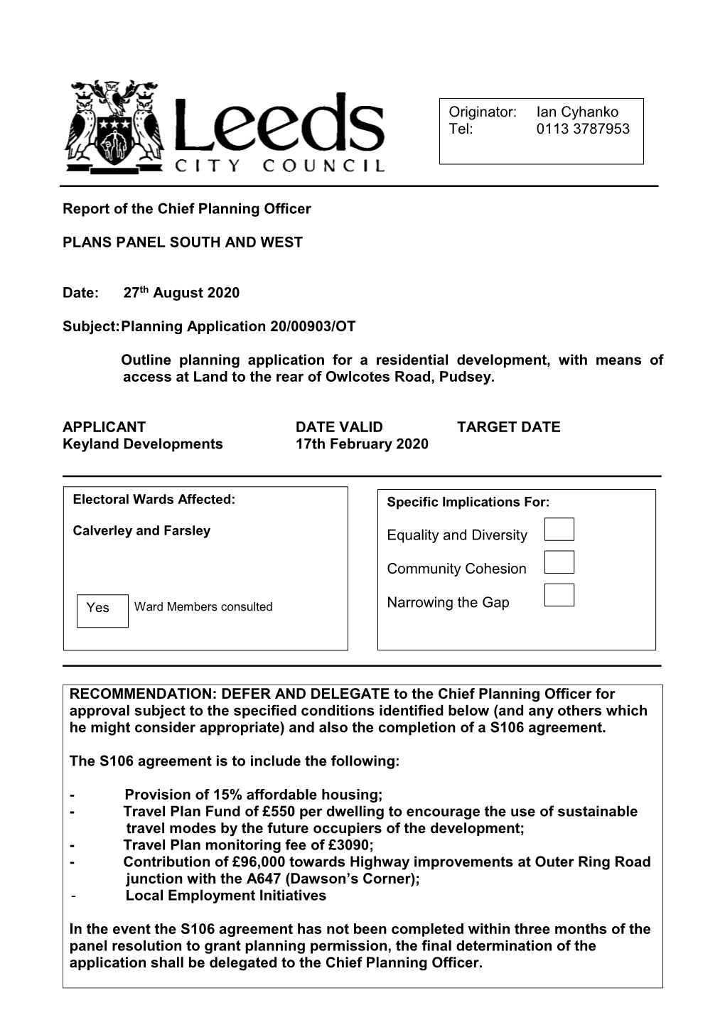 27 Th August 2020 Subject: Planning Application 20/009