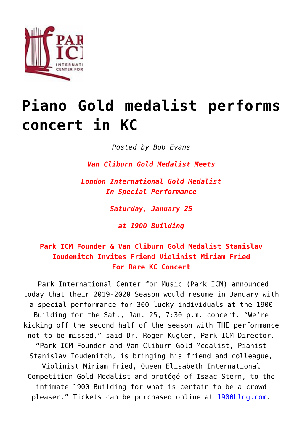 Piano Gold Medalist Performs Concert in KC