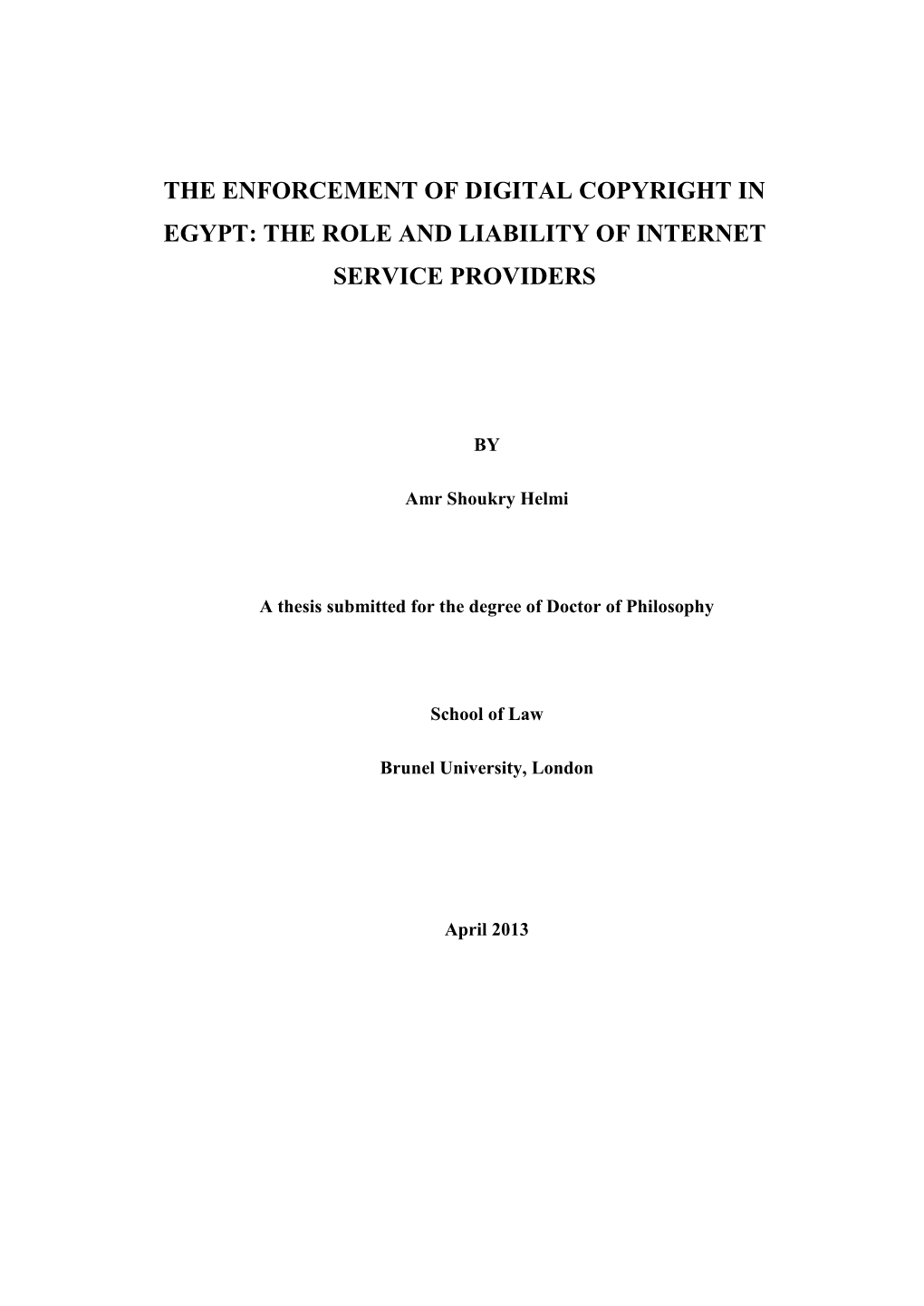 The Enforcement of Digital Copyright in Egypt: the Role and Liability of Internet Service Providers