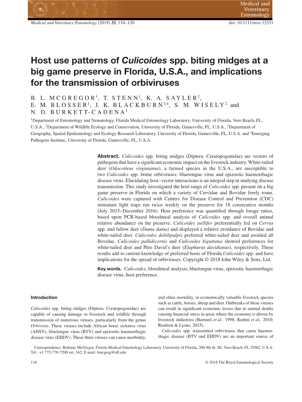 Host Use Patterns of Culicoides Spp. Biting Midges at a Big Game Preserve in Florida, U.S.A., and Implications for the Transmission of Orbiviruses