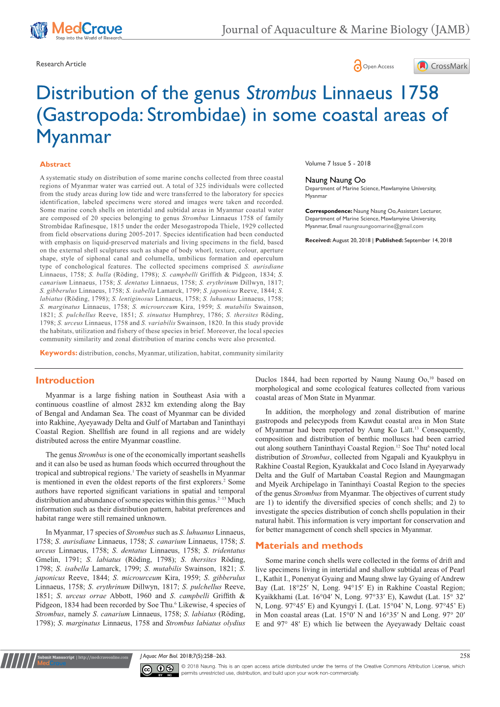 Distribution of the Genus Strombus Linnaeus 1758 (Gastropoda: Strombidae) in Some Coastal Areas of Myanmar