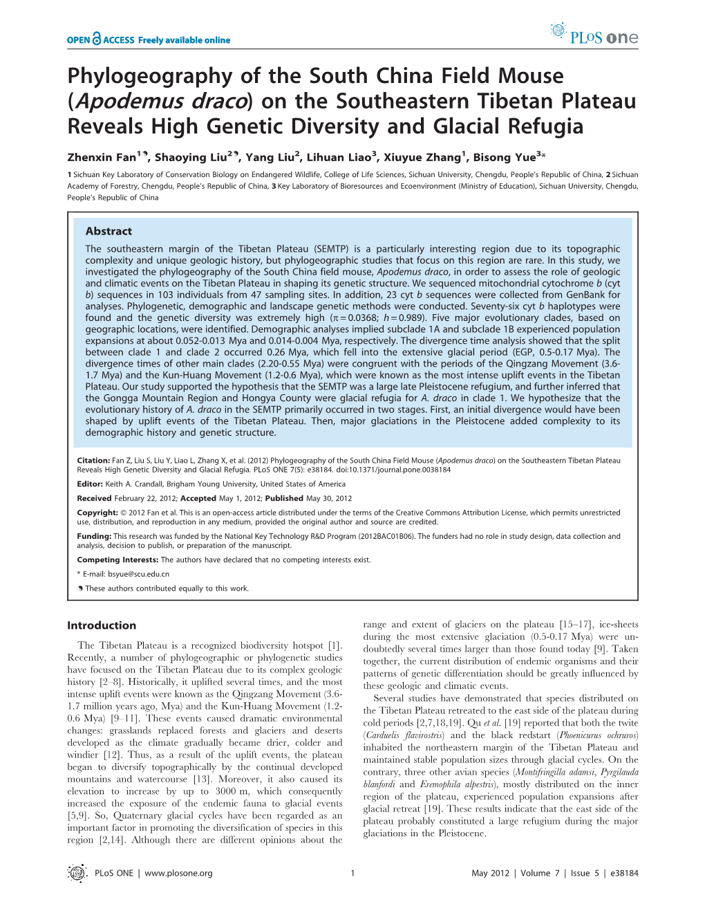 Phylogeography of the South China Field Mouse (Apodemus Draco) on the Southeastern Tibetan Plateau Reveals High Genetic Diversity and Glacial Refugia