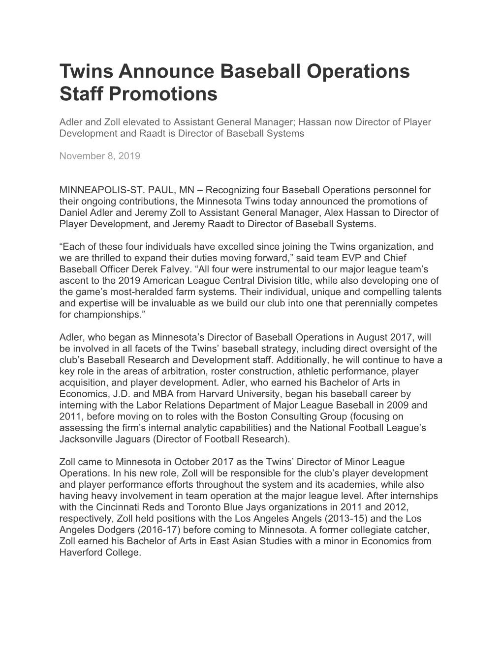 Twins Announce Baseball Operations Staff Promotions.Pdf