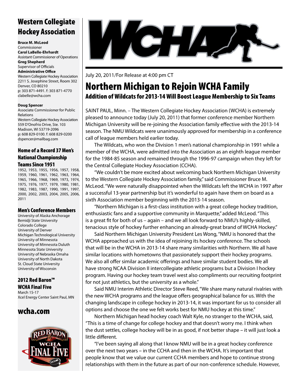 Northern Michigan to Rejoin WCHA Family