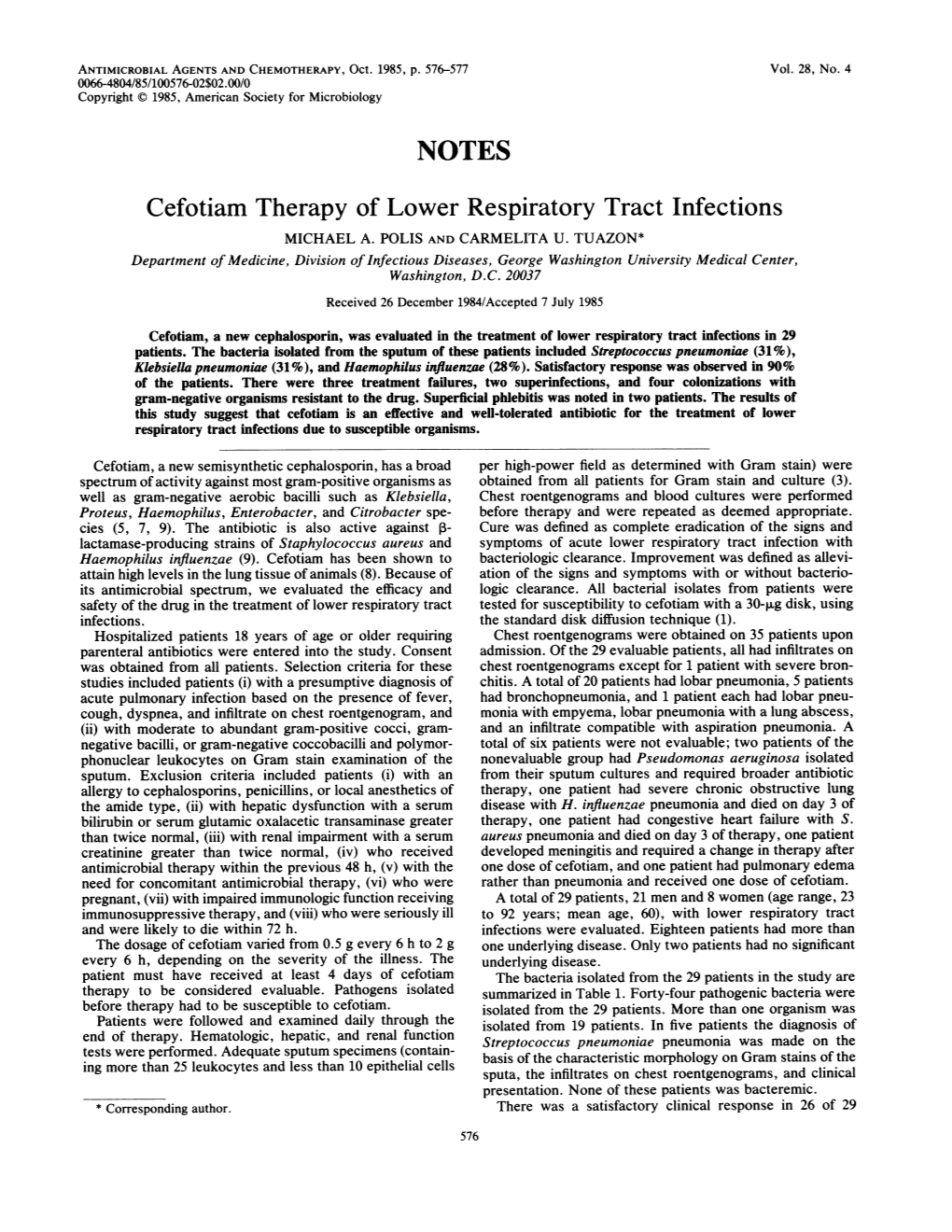 NOTES Cefotiam Therapy of Lower Respiratory Tract Infections MICHAEL A