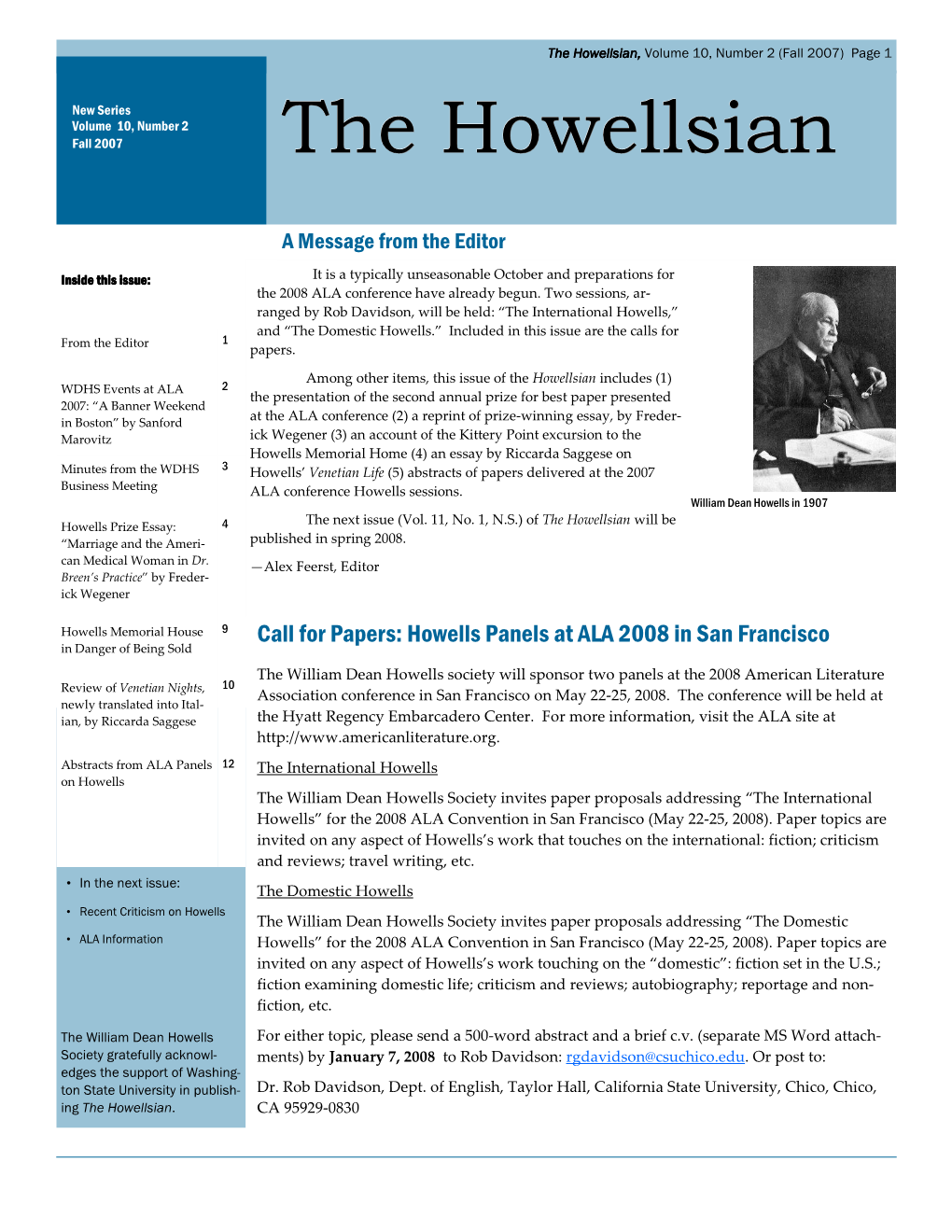 The Howellsian, Volume 10, Number 2 (Fall 2007) Page 1