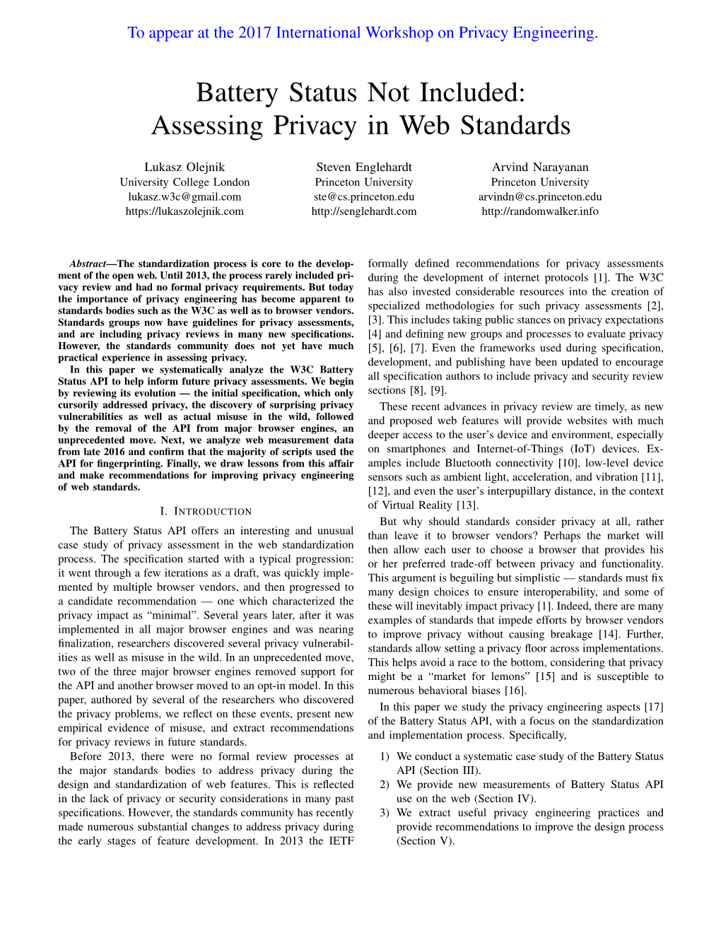 Battery Status Not Included: Assessing Privacy in Web Standards