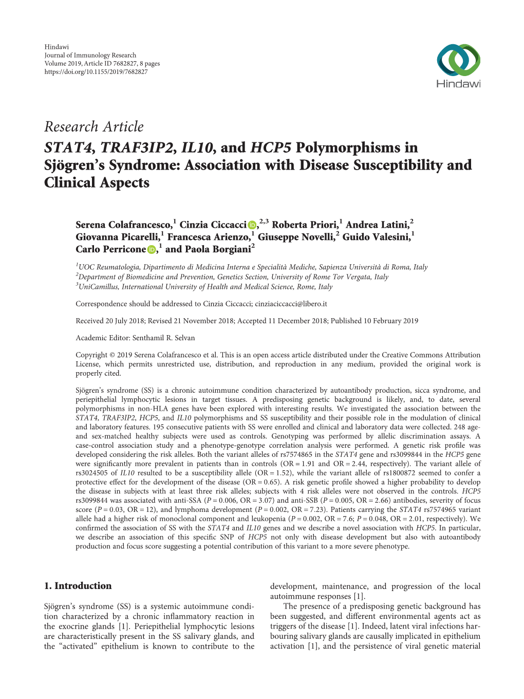 STAT4, TRAF3IP2, IL10, and HCP5 Polymorphisms in Sjögren's