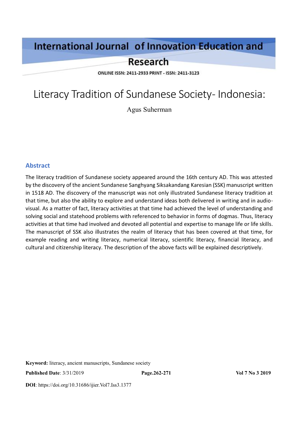 Literacy Tradition of Sundanese Society - Indonesia: Agus Suherman