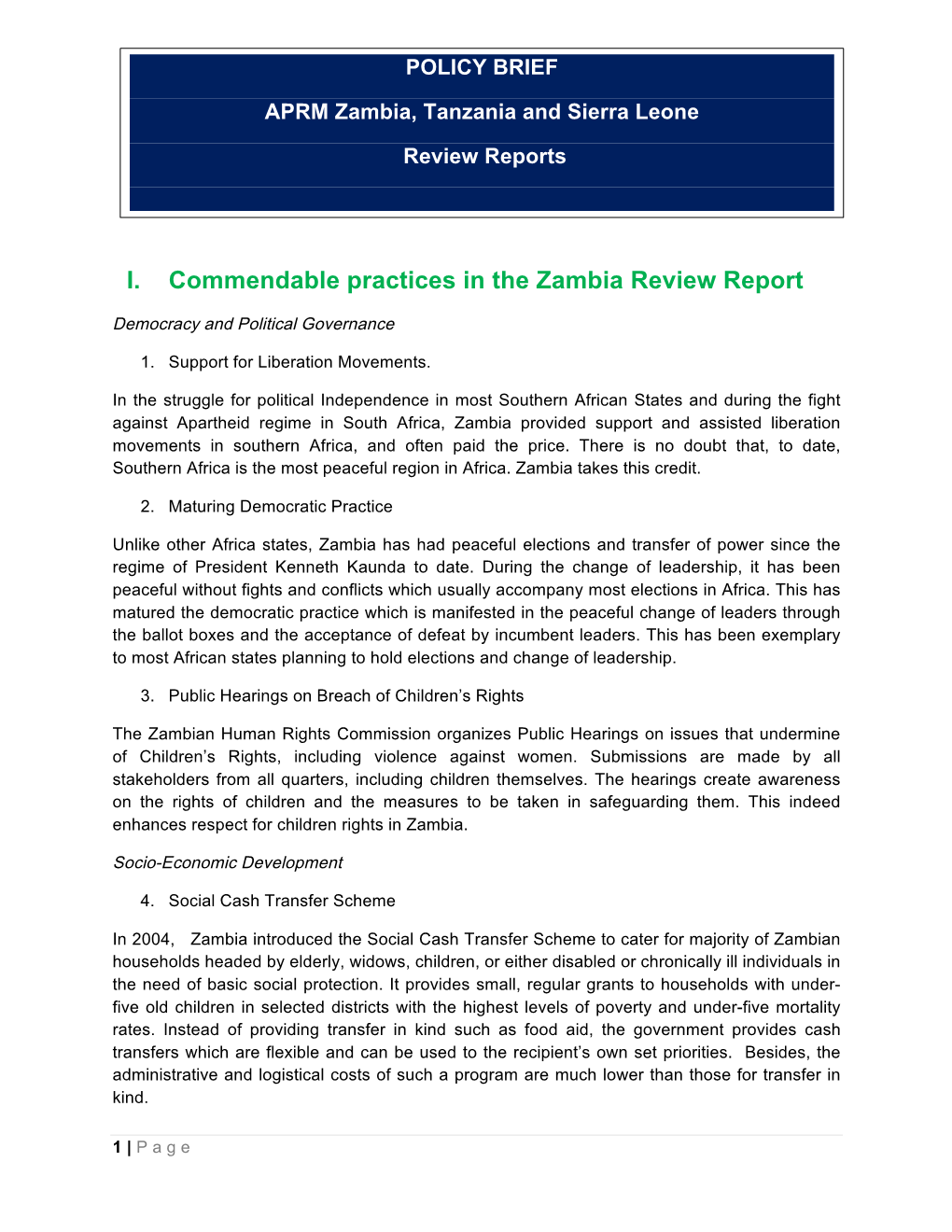 I. Commendable Practices in the Zambia Review Report