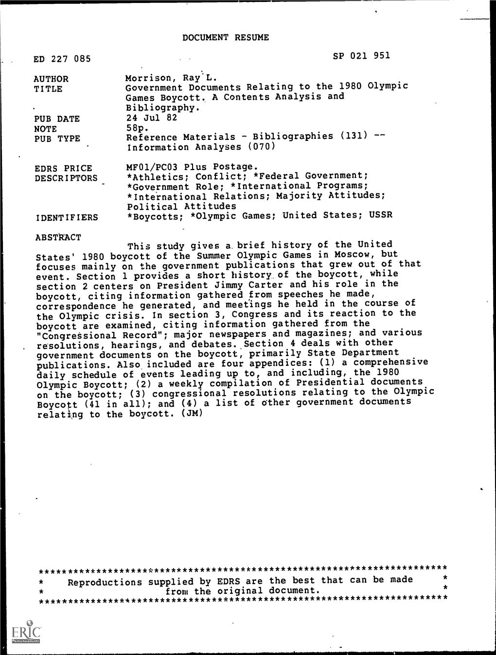 Government Documents Relating to the 1980Olympic Games Boycott. a Contents Analysis and Bibliography