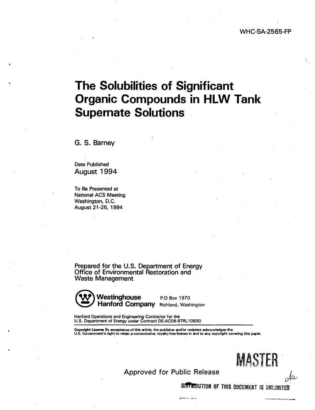 The Solubilities of Significant Organic Compounds in HLW Tank Supernate Solutions