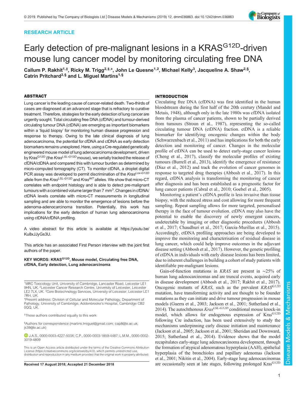 Early Detection of Pre-Malignant Lesions in a KRASG12D-Driven Mouse Lung Cancer Model by Monitoring Circulating Free DNA Callum P