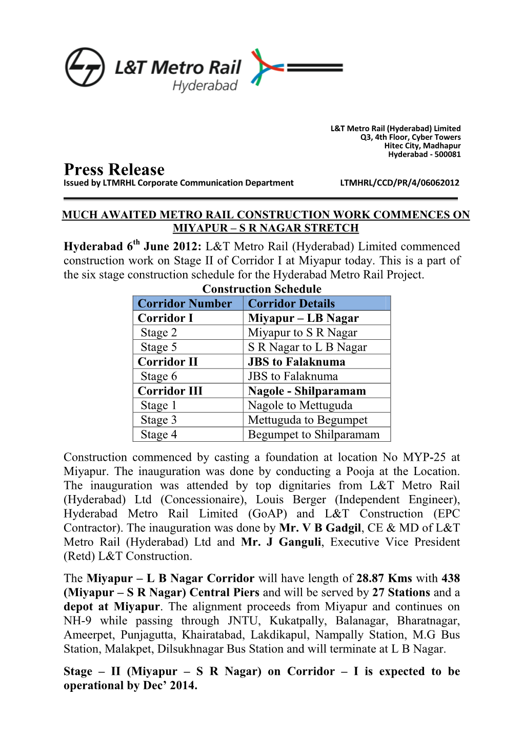 Press Release Issued by LTMRHL Corporate Communication Department LTMHRL/CCD/PR/4/06062012