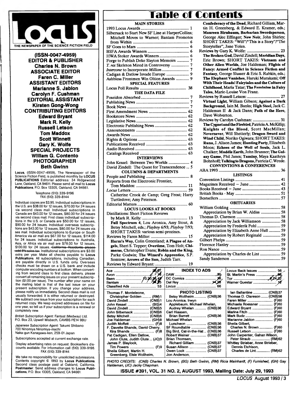 Table of Contents MAIN STORIES Confederacy of the Dead, Richard Gilliam, Mar­ 1993 Locus Awards