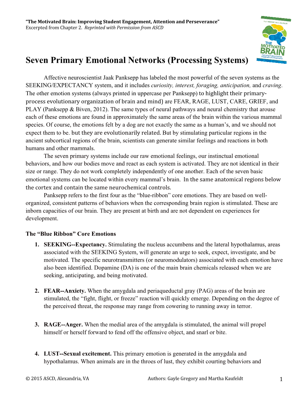 Seven Primary Emotional Networks (Processing Systems)