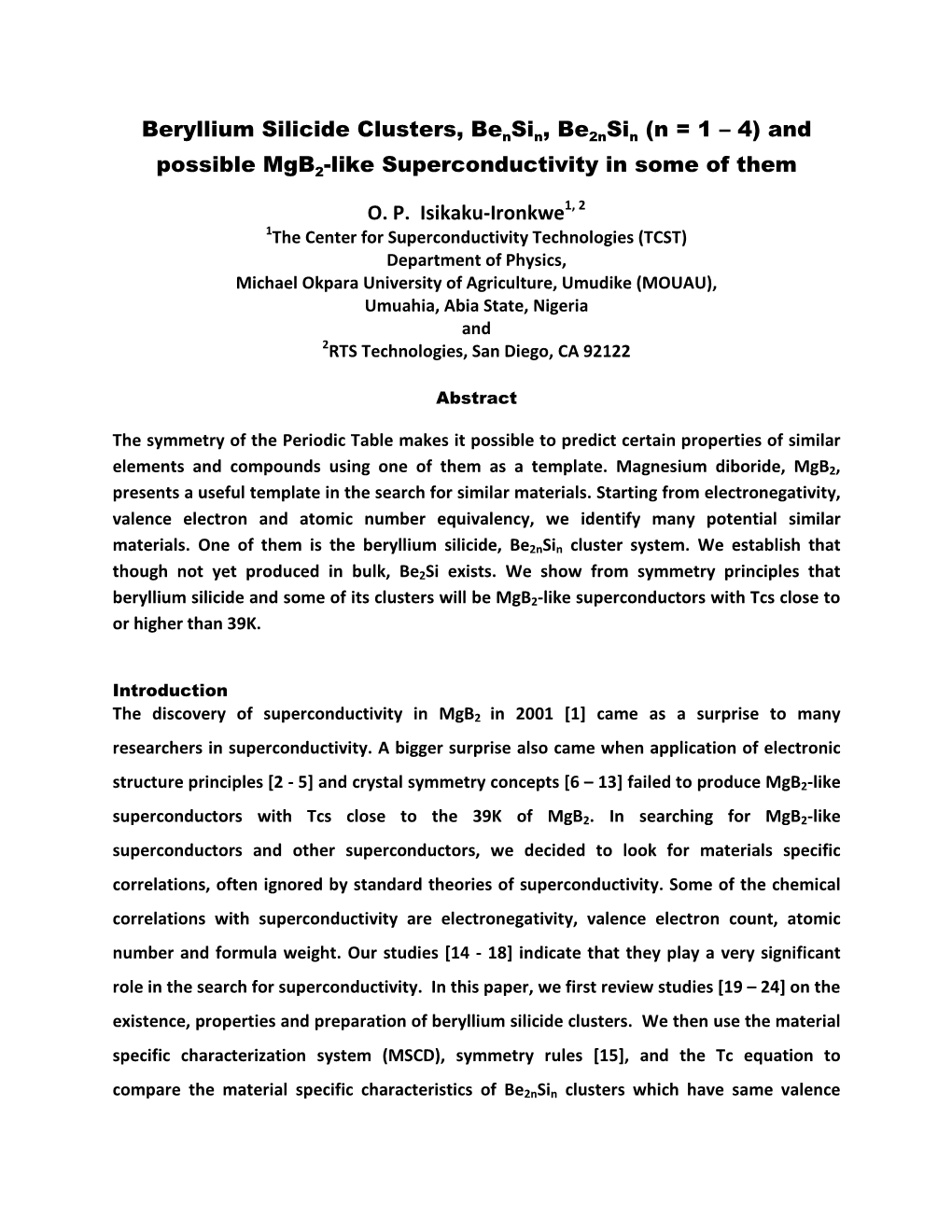 Beryllium Silicide Clusters, Bensin, Be2nsin