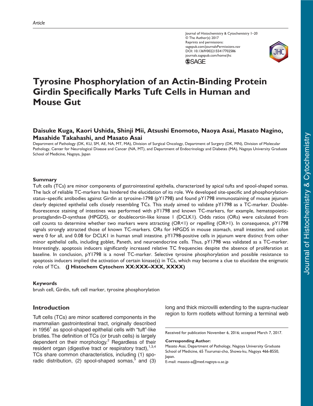 Tyrosine Phosphorylation of an Actin-Binding Protein Girdin Specifically Marks Tuft Cells in Human and Mouse Gut
